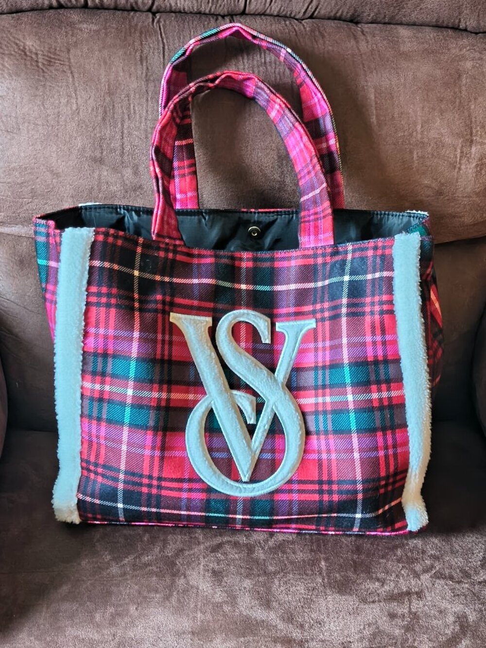 VS Holiday Plaid Fleece-Trim Tote Bag